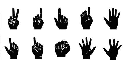Obraz premium Collection of Diverse Hand Gestures in Black Silhouette Showing Numbers One Through Five with Minimalist White Line Accents Isolated on a Dark Background