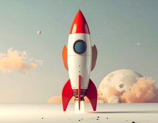 Red and white rocket ship on a horizon line with moon-like planet