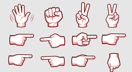 Fototapeta premium Collection of Cartoon Hands Showing Different Gestures Including Waving Fist Peace Sign and Pointing Fingers in Various Directions Isolated on a Plain Background