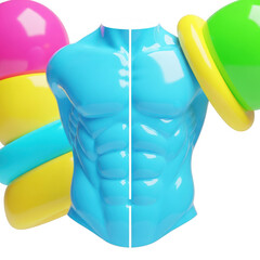 3d rendered image of a blue abs body with colorful balloons in the background