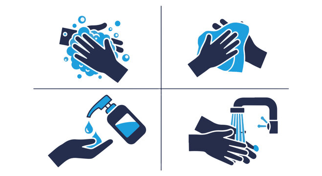 Four Distinct Steps Illustrating Proper Hand Hygiene with Soap and Water or Hand Sanitizer for Effective Germ Removal and Cleanliness Protocols