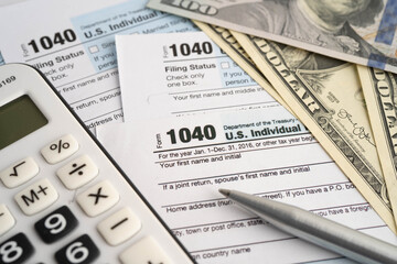 Tax form 1040 U.S. Individual Income Tax Return and bitcoin, business finance, Digital currency, Virtual cryptocurrency.