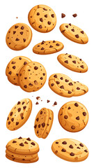 Cartoon chocolate chip cookies float and stack, some with crumbs, on a white background