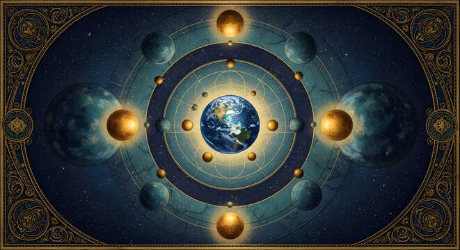 Elaborate cosmic diagram showcasing an ancient geocentric understanding of the universe with Earth as its focal point, encircled by celestial bodies and golden orbits