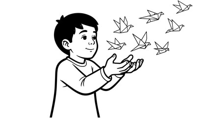 Boy Releasing Origami Paper Birds Vector Illustration