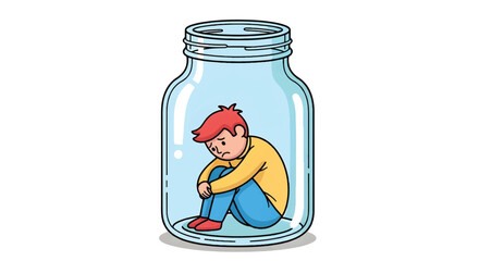 Sad Boy Trapped Inside a Glass Jar Vector Illustration