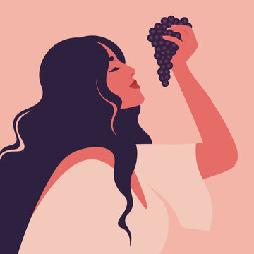 Flat vector illustration of a woman holding grapes, representing the wine industry, viticulture, vineyard harvest, and premium winemaking concept.
