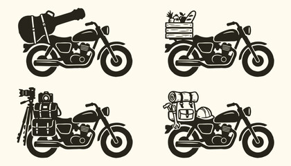 Naklejka premium Biker Culture Graphics: Classic Motorcycles Carrying Gear for Different Hobbies