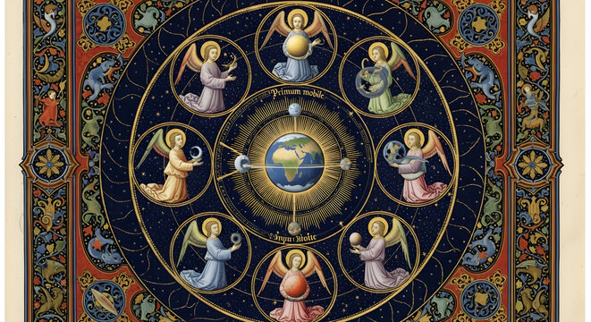 Intricate celestial mandala featuring angelic figures and a planetary system at its core, evoking cosmic wonder and ancient symbolism