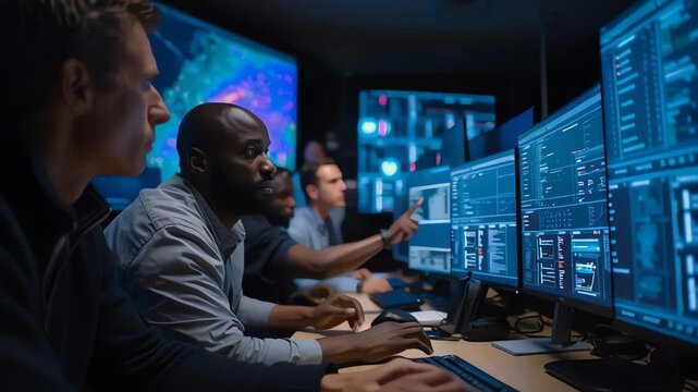 Businessmen working on computer screens.