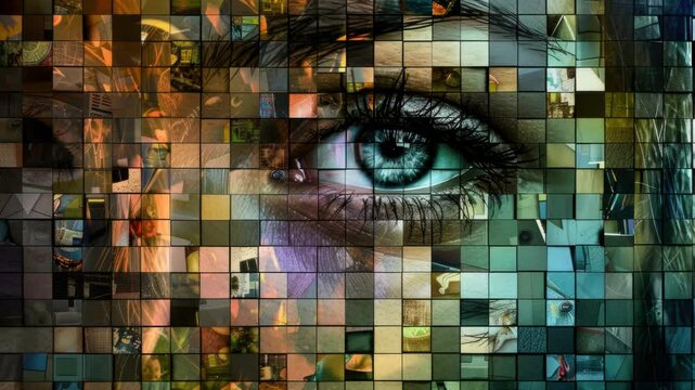 Video A detailed view of an eye with intricate mosaic pattern in the background, ideal for representing creativity and individuality
