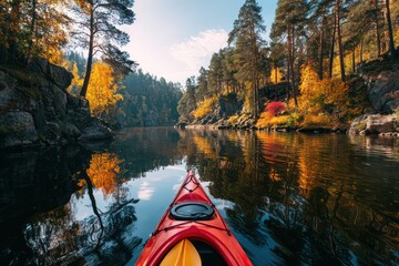 Fototapeta premium Paddling through vibrant fall forest scenery