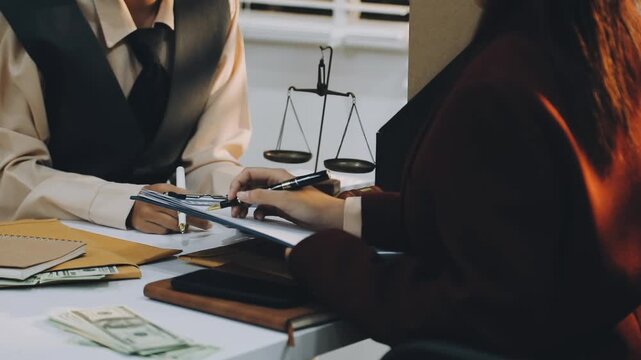 justice and law concept.Male judge in a courtroom on wooden table and Counselor or Male lawyer working in office. Legal law, advice and justice concept.