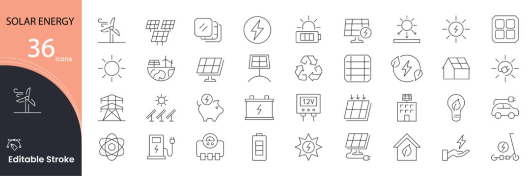  Solar Energy icon set. Renewable energy related line icons. sun, solar panel, electricity, power, eco, battery, sustainable, , charging, environment and more. Editable stroke. 