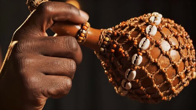 Musician Playing Shekere Gourd Shaker with Cowrie Shells