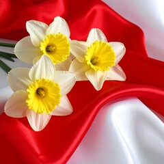 Three daffodils on red/white silky fabric