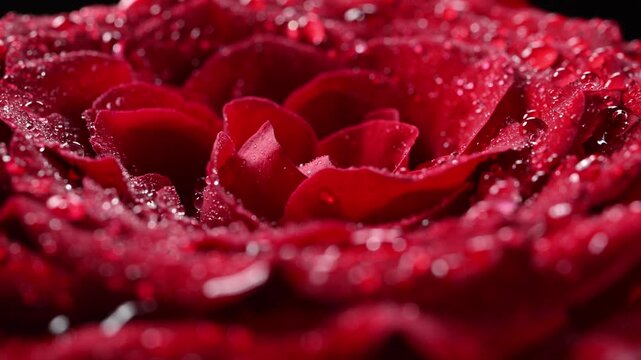Rotating red rose with water droplets in macro view, petals moving in smooth circular motion. Romantic floral background symbolizing love, passion, freshness and Valentine theme.