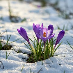 Fragile purple crocus flowers push through patchy white melting snow under bright sun. Transitional phase from cold winter to warm spring ,sunlight ,changing weather ,delicate