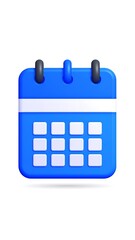 Blue calendar with grid and black rings, simplistic, 3D render on white background