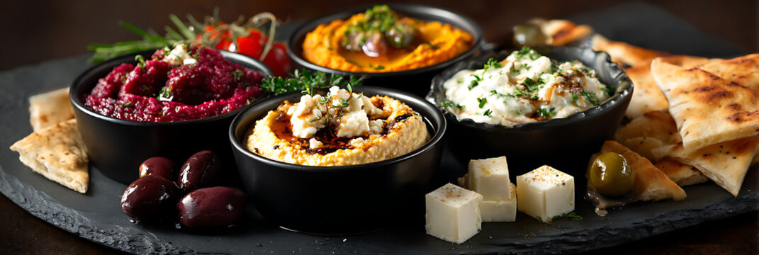 Delicious Mediterranean dips platter featuring classic hummus, vibrant beet dip, creamy baba ghanoush, and pumpkin hummus, served with warm pita bread, fresh olives, and feta chees