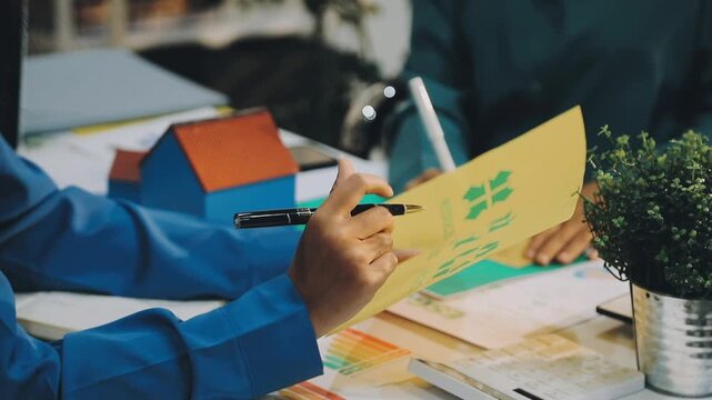 Business leaders discuss implement environmental sustainability strategies net zero carbon goals corporate responsibility using ESG reports data at meeting