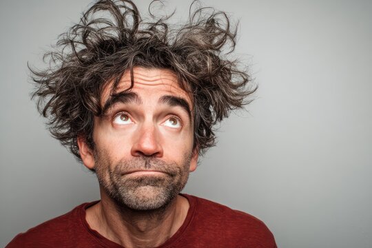 Goofy man with crazy messy hair morning