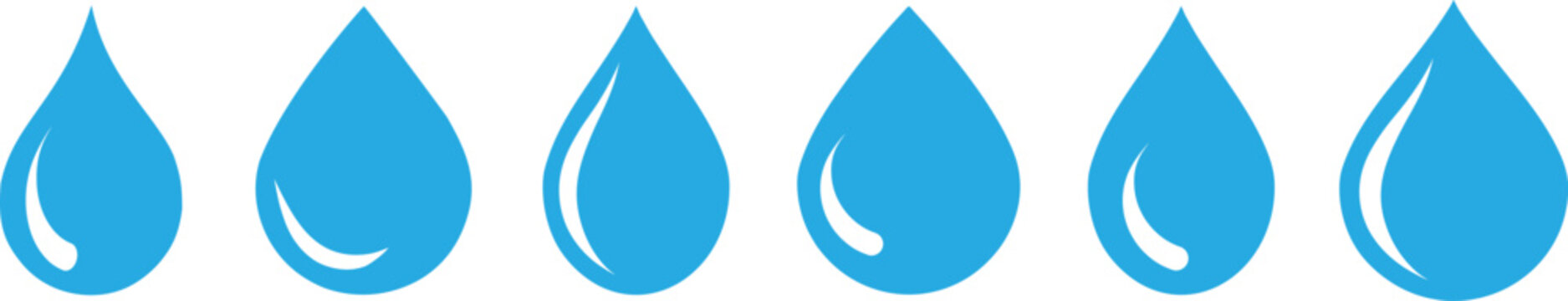 Six teardrop shaped water droplets in a row on white background