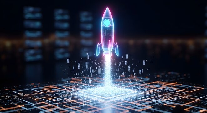 Futuristic rocket launch on digital grid background