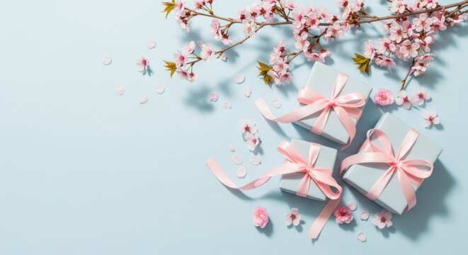 Two gift boxes with pink ribbons and cherry blossoms on a light blue background for spring or easter celebration