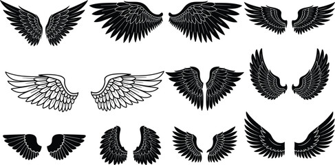 Fototapeta premium Wing vector illustration collection, decorative feather artwork set, abstract angel bird designs, creative tattoo motif, detailed fantasy symmetrical pattern