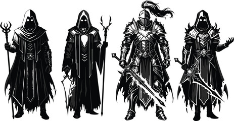 Set of black silhouette fantasy characters featuring hooded mages with magic staffs and armored knights with swords for RPG games and medieval adventure, © MdShahadot