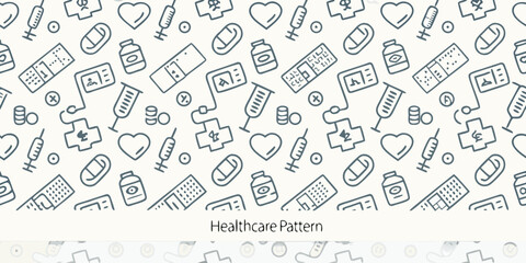 Seamless pattern featuring various medical icons and healthcare symbols