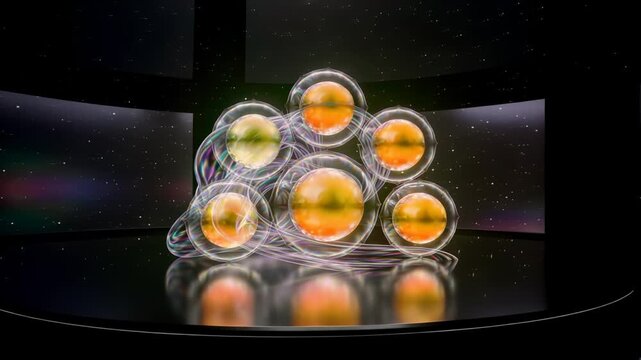 Abstract iridescent threedimensional holographic sphere with translucent pearlescent ribbons on dark background for futuristic technology branding meditation apps and sacred geometry design concepts