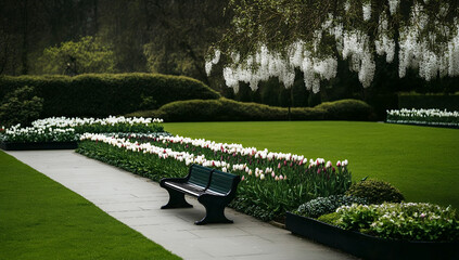 Serene park scene with a dark bench amidst blooming tulips and a weeping tree