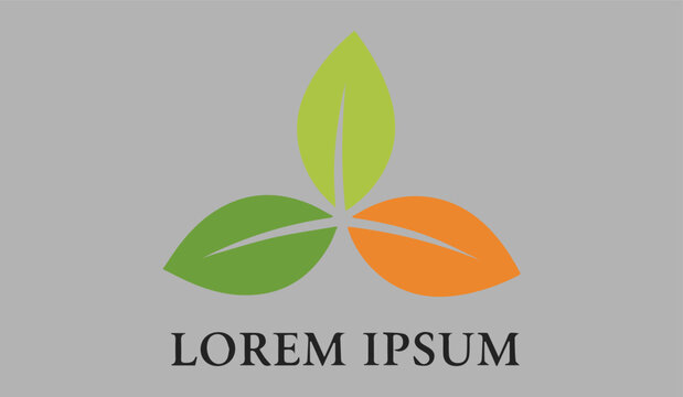 A simple logo featuring three leaves in different colors on a gray background with lorem ipsum text.