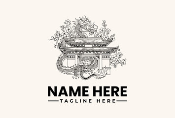 Fototapeta premium A grayscale illustration of a dragon logo with a building, surrounded by foliage, and a placeholder text for 'NAME HERE' and 'TAGLINE HERE' on a beige background with a mix of detailed and