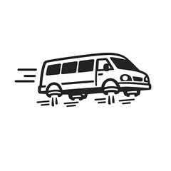 Flying minibus illustration &ndash; futuristic hover van in motion, black and white vector