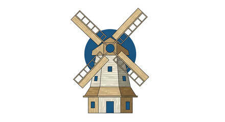 Vintage windmill standing tall against clear blue moonlit night sky