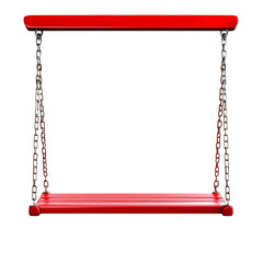 A bright red wooden swing set hangs from sturdy metal chains, ready for play