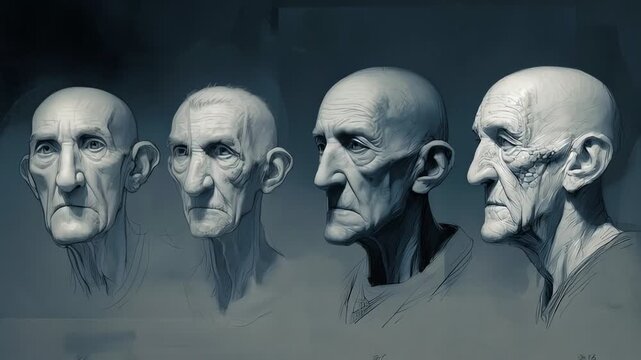 Four gray human skulls in row.