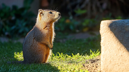 A marmot sits upright in the grass, bathed in the warm glow of the setting sun, near a stone. This evokes the spirit of Groundhog Day