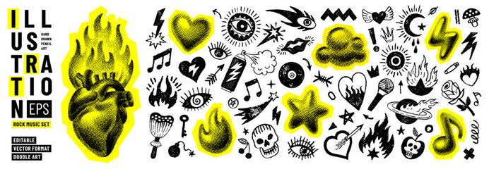Punk rock music doodle grafitti. Collage halftone tattoo, crayon punk rock retro element. Pop music collage cutout sticker, halftone art set. Grunge y2k hand drawn grafitti. Heart, fire, eye, skull dj © Olga Che