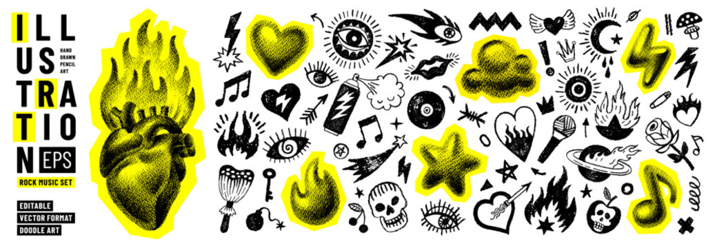 Punk rock music doodle grafitti. Collage halftone tattoo, crayon punk rock retro element. Pop music collage cutout sticker, halftone art set. Grunge y2k hand drawn grafitti. Heart, fire, eye, skull dj