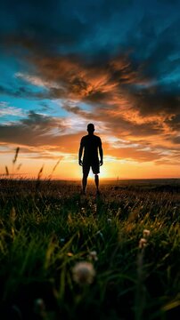 Man with prosthetic leg silhouette standing on grassy hill at sunset for medical innovation disability empowerment and inspirational health lifestyle concepts