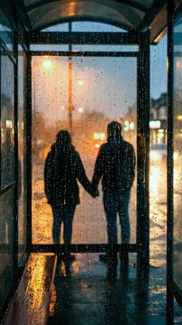 Silhouette of a couple holding hands in a glass bus stop during a rainy night with glowing city lights bokeh for romantic cinematic storytelling and urban lifestyle concepts