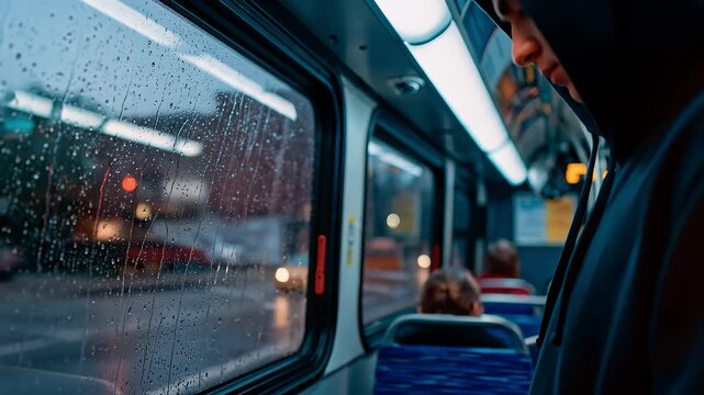 Cinematic close up of person in hoodie using smartphone on public transport during rainy night with city bokeh through window for mobile app promotion urban lifestyle and connectivity concepts