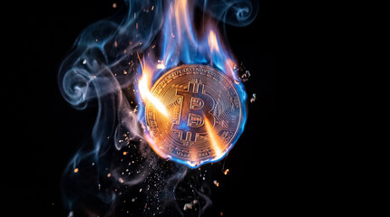 Bitcoin symbol burns with flames and smoke in dark setting. Visual shows digital currency concept with dramatic effects. Concept of cryptocurrency, finance, digital investment