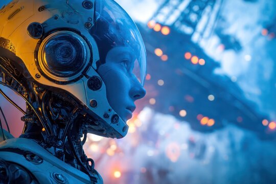 Humanoid alien scientist with glowing futuristic devices