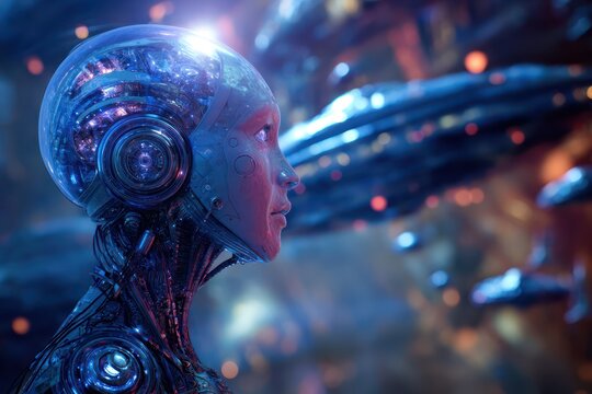 Space alien holding advanced glowing research equipment