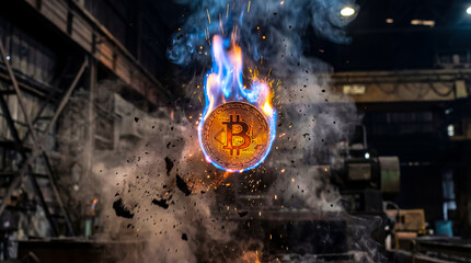 The Bitcoin coin burns with flames in a factory. Surrounding smoke and sparks create dynamic energy. Concept of cryptocurrency, finance, technology